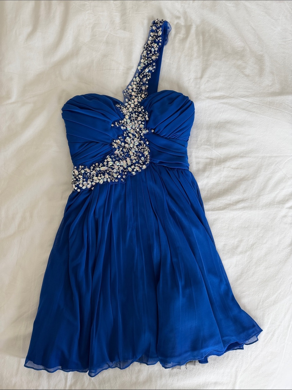 One-Shoulder Royal Blue Dress with Crystal Embellishment